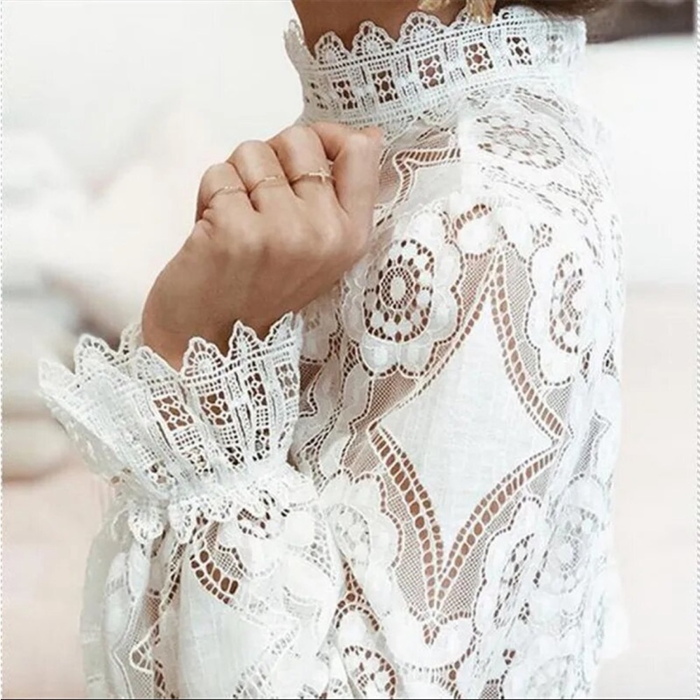 White lace scalloped high neck long sleeve Top Boho - Picture 13 of 14
